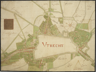 216701 Kaart van de bestaande en ontworpen verdedigingswerken te Utrecht; met de landbouw- en weidegronden in de ...